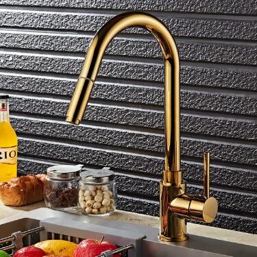 Luxury High-Arc Single Handle Solid Brass Gold Pull-out Spray Kitchen Tap T0238G - Click Image to Close