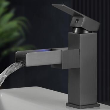 Brass Grey Printed LED Color Chaning Waterfall Mixer Bathroom Sink Tap T0339G - Click Image to Close