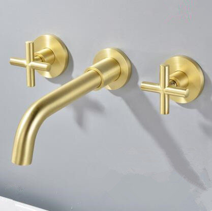 Antique Golden Brushed Brass Wall Mounted Two Handles Mixer Bathroom Sink Tap T0379g - Click Image to Close