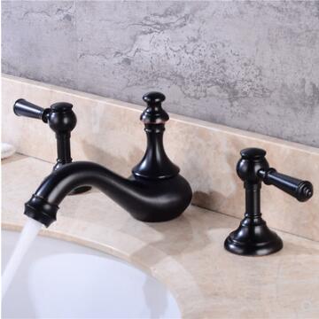 Black Brass Classical Three Holes Two Handles Mixer Bathroom Sink Tap T0388B - Click Image to Close