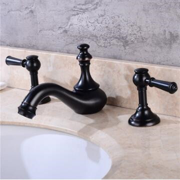 Black Brass Classical Three Holes Two Handles Mixer Bathroom Sink Tap T0388B - Click Image to Close