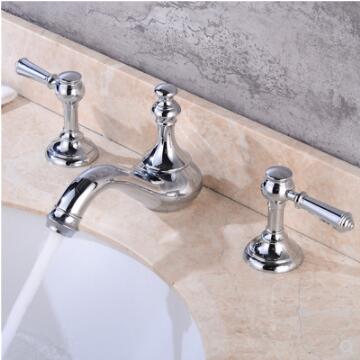 Brass Chrome Finished Classical Three Holes Two Handles Bathroom Sink Tap T0388C - Click Image to Close
