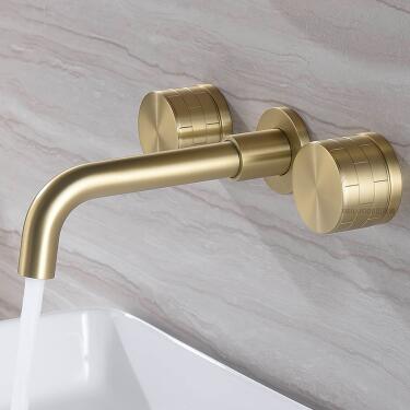 Brass Golden Finished 360° Rotatable Wall Mounted Two Handles Mixer Bathroom Sink Taps T0438G - Click Image to Close