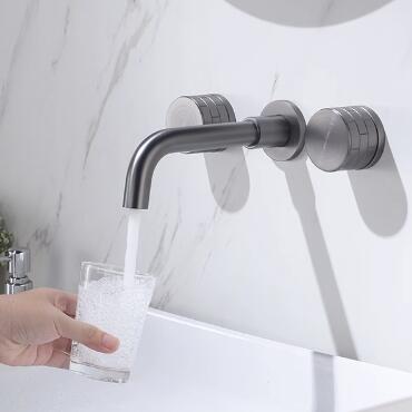 Brass Gun-Grey Finished 360° Rotatable Wall Mounted Two Handles Mixer Bathroom Sink Taps T0438GN - Click Image to Close