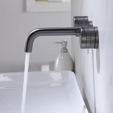 Brass Gun-Grey Finished 360° Rotatable Wall Mounted Two Handles Mixer Bathroom Sink Taps T0438GN