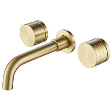 Brass Golden Finished 360° Rotatable Wall Mounted Two Handles Mixer Bathroom Sink Taps T0438G - Click Image to Close