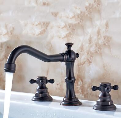 Vintage Style Oil-rubbed Bronze Finish Double Handles Brass Bathroom Sink Tap TP0477OR - Click Image to Close