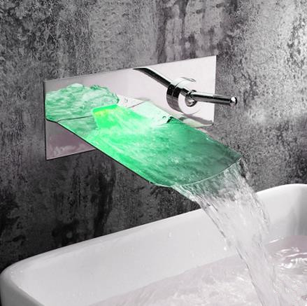 Chrome Finish Color Changing LED Waterfall Wall Mount Bathroom Sink Tap T0500BF - Click Image to Close