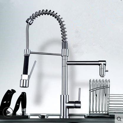 Solid Brass Spring Kitchen Tap with Two Spouts (Chrome Finish) T0783-2 - Click Image to Close
