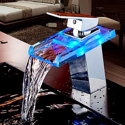 Contemporary Single Handle Waterfall LED Bathroom Sink Tap - T0818F - Click Image to Close