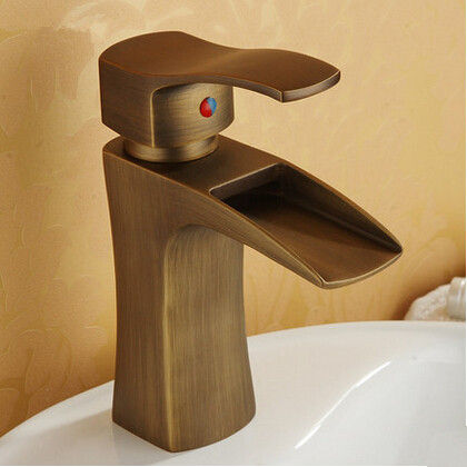 Antique Waterfall Brass Brushed Bathroom Sink Tap T1023D - Click Image to Close