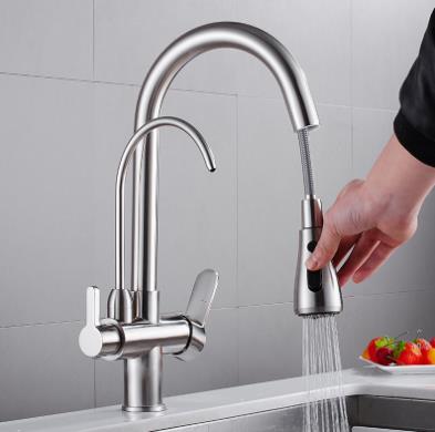 Nickel Brushed Brass Mixer Three Way Drinking Water Pull Out Kitchen Sink Tap T1050N - Click Image to Close