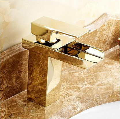 Hot Sale Brass Gold Bathroom Sink Tap Waterfall Mixer Tap T1122G - Click Image to Close