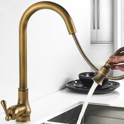 Antique Brass Rotatable Pull Out Single Handle Mixer Kitchen Tap TA0229 - Click Image to Close