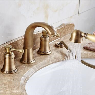 Antique Brass Classical Four-pieces with Hand Shower Bathroom Sink Taps Bathtub Taps TA0393 - Click Image to Close