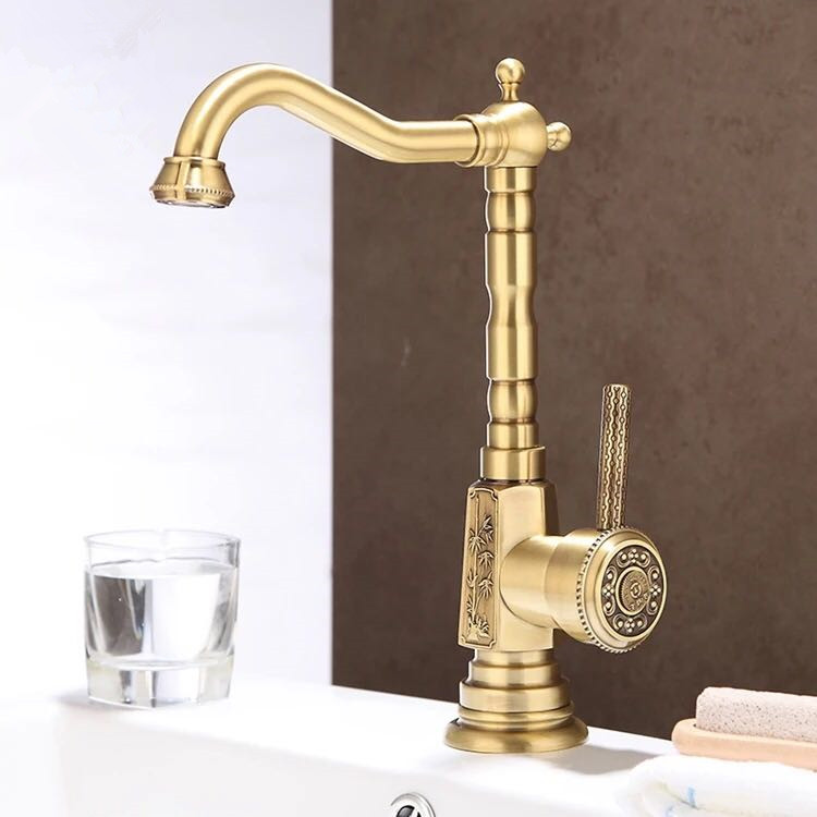 Antique Brass Polished Carved Rotatable Classical Kitchen/Bathroom Sink Tap TA449L - Click Image to Close