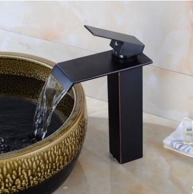 Antique Basin Tap Black Bronze Brass Waterfall Tall Bathroom Sink Tap TB0140H