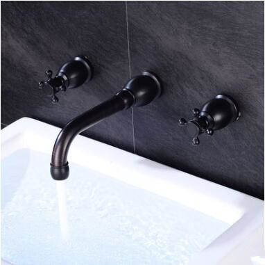 Antique Black Brass Two Handles Mixer Wall Mounted Bathroom Sink Tap TB0180 - Click Image to Close