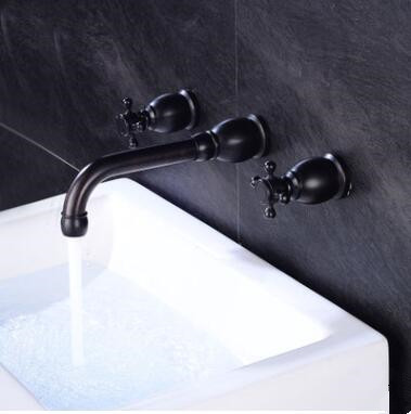 Antique Black Brass Two Handles Mixer Wall Mounted Bathroom Sink Tap TB0180 - Click Image to Close