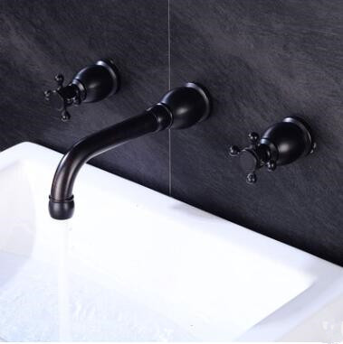 Antique Black Brass Two Handles Mixer Wall Mounted Bathroom Sink Tap TB0180 - Click Image to Close