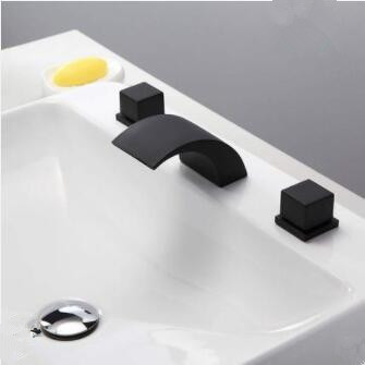 Matt Black Brass Three-Pieces Waterfall Mixer Bathroom Sink Tap TB0340 - Click Image to Close