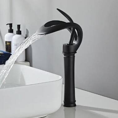 Modern Creative Elegant Waterfall Black Brass Bathroom Countertop Basin Tap