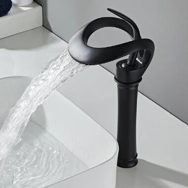 Modern Creative Elegant Waterfall Black Brass Bathroom Countertop Basin Tap - Click Image to Close