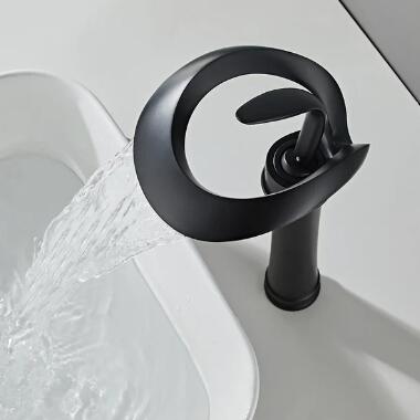 Modern Creative Elegant Waterfall Black Brass Bathroom Countertop Basin Tap