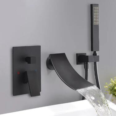 Modern in Matte Black Waterfall Wall-Mount Bath Filler Mixer Tap & Hand Shower TB0680