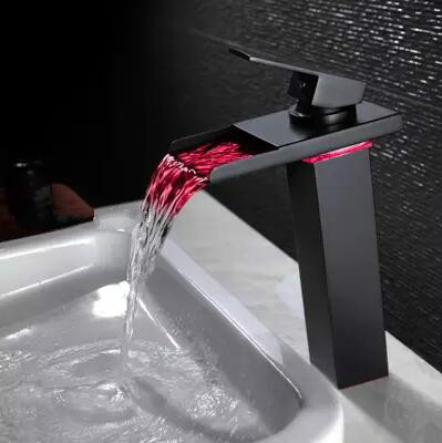 Black Bronze Brass Waterfall Bathroom Mixer LED Color Changing Sink Tap TB288L - Click Image to Close