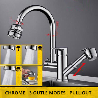 Brass Chrome Finished Pull Out Kitchen Tap Rotatable Mixer Kitchen Sink Tap TC0179 - Click Image to Close