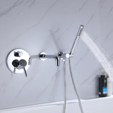 Polished Chrome Modern Wall-Mount Swivel Bath Mixer Tap with Hand shower TC0551 - Click Image to Close