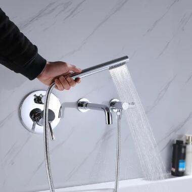 Polished Chrome Modern Wall-Mount Swivel Bath Mixer Tap with Hand shower TC0551 - Click Image to Close