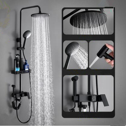 Antique Black Brass & ABS Bathroom Rainall Shower Tap Set With Shelf TF0268B - Click Image to Close