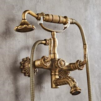 Antique Brass Finish Shower Tap Carved Tub Tap with Hand Shower TFA338 - Click Image to Close