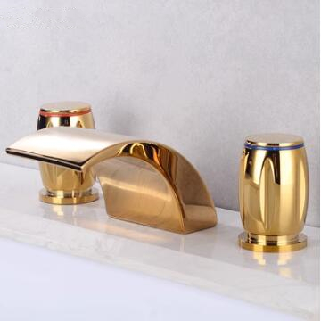 Antique Basin Tap Golden Brass Two Handles Waterfall Bathroom Sink Tap TG0268 - Click Image to Close