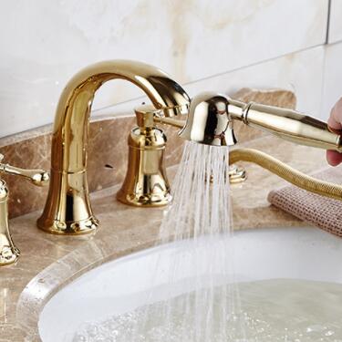 Antique Brass Golden Printed Four-pieces with Hand Shower Bathroom Sink Taps Bathtub Taps TG0393 - Click Image to Close