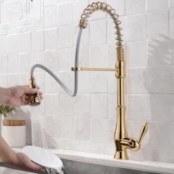 Brass Golden SPRING Pull Out Mixer Water Kitchen Sink Tap TG0495 - Click Image to Close