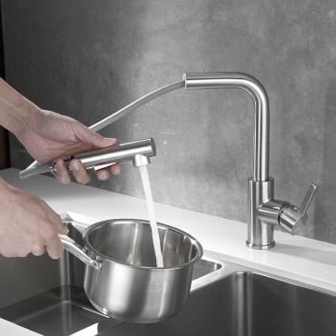 Brass Nickel Brushed Finished Rotatable Mixer Pull Out Kitchen Sink Tap TN0399 - Click Image to Close
